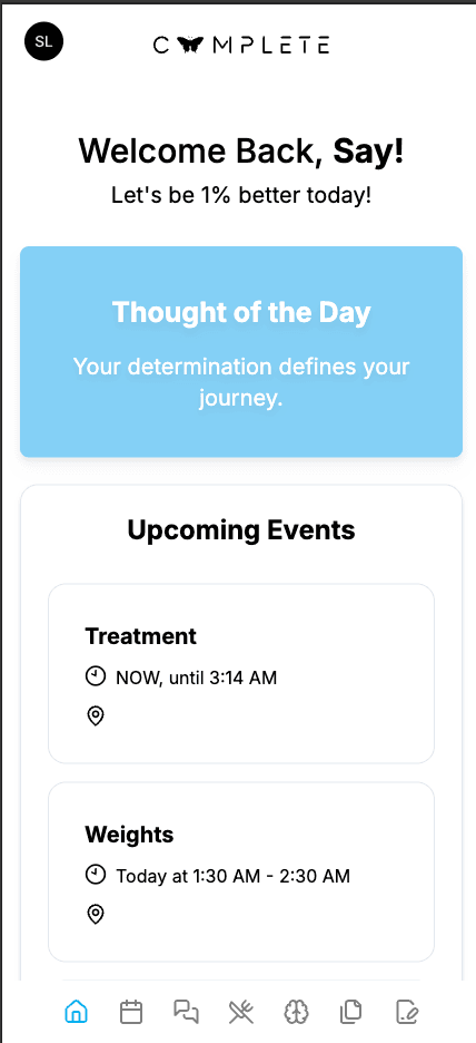 Complete dashboard showing thought of the day and upcoming events